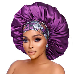 Isshin Beauty purple-teal bonnet with flower band detail adds style while resting