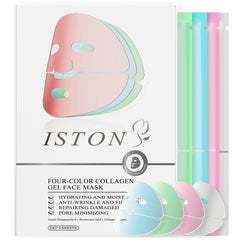 ISTON 4-in-1 mask set packaging highlights a premium kit for hydration, elasticity, soothing, and brightening.