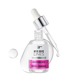 IT Cosmetics Bye Bye Lines serum bottle closeup highlights hydrating formula for all skin types.