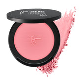 IT Cosmetics Bye Bye Pores Blush compact close-up showing sheer, buildable color diffuses pores.