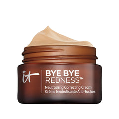 IT Cosmetics Bye Bye Redness bottle closeup showing creamy tint for redness neutralization.