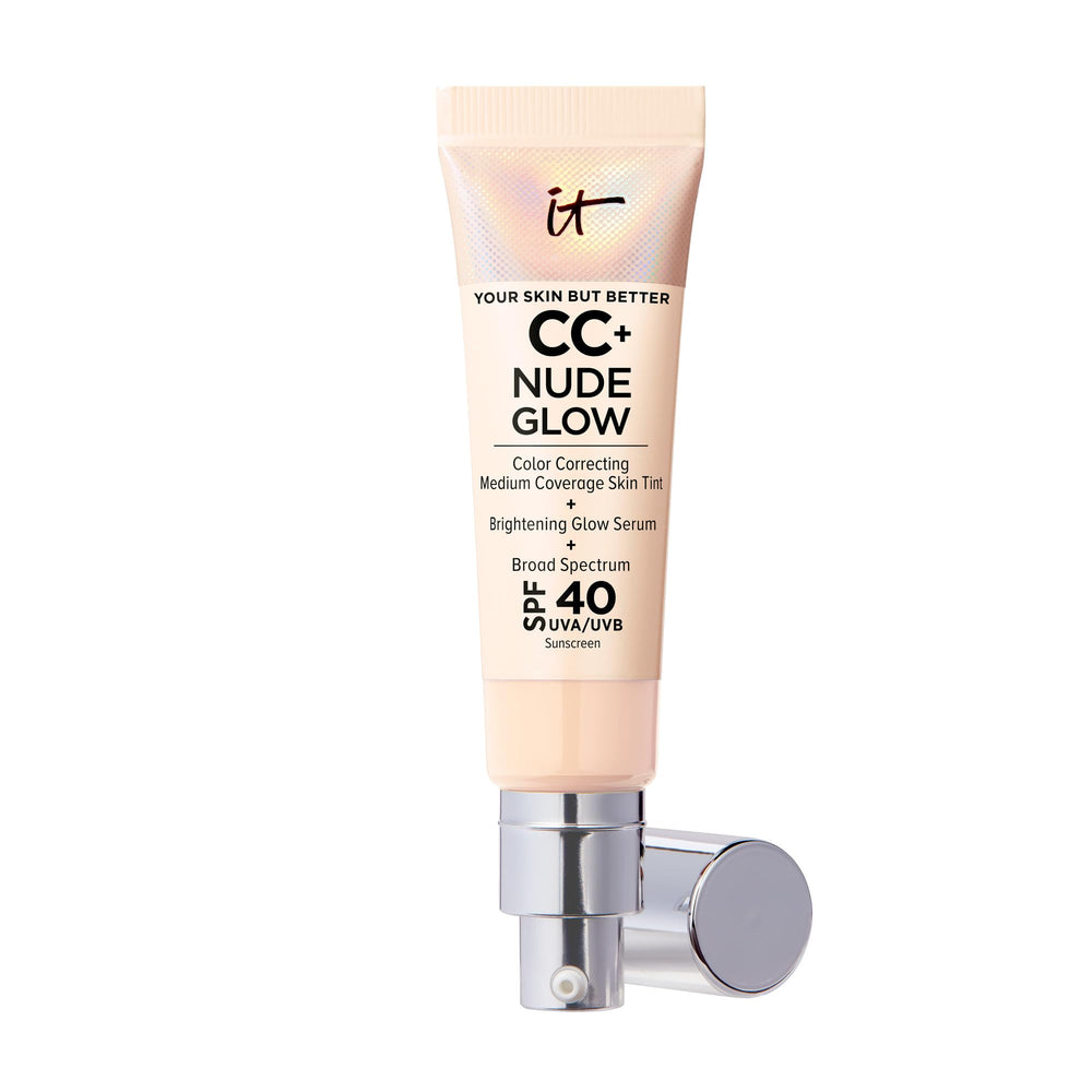 IT Cosmetics CC+ Nude Glow Fair Light bottle close-up for radiant, SPF-40 protected skin.