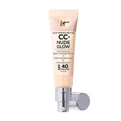 IT Cosmetics CC+ Nude Glow Fair Light bottle close-up for radiant, SPF-40 protected skin.
