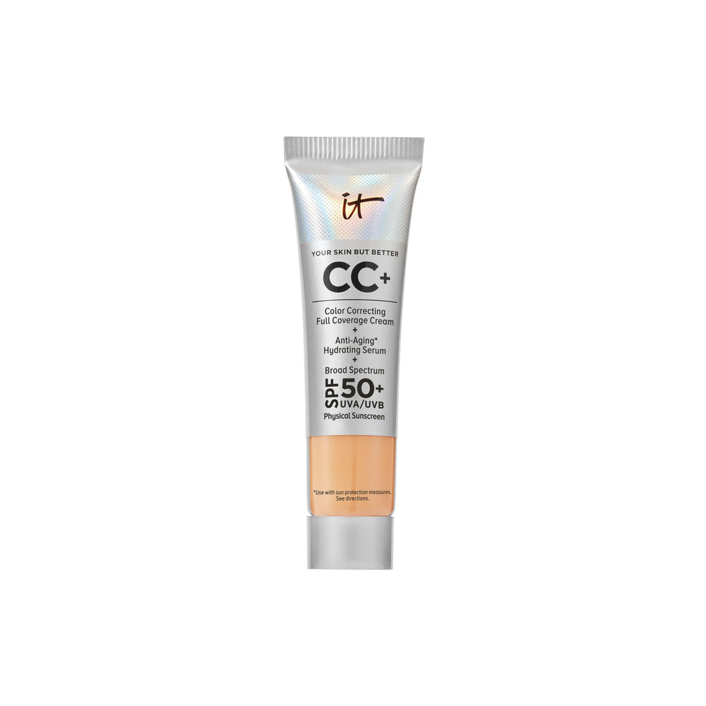 IT Cosmetics CC+ Cream Travel Medium Tan bottle demonstrates portable full-coverage skincare