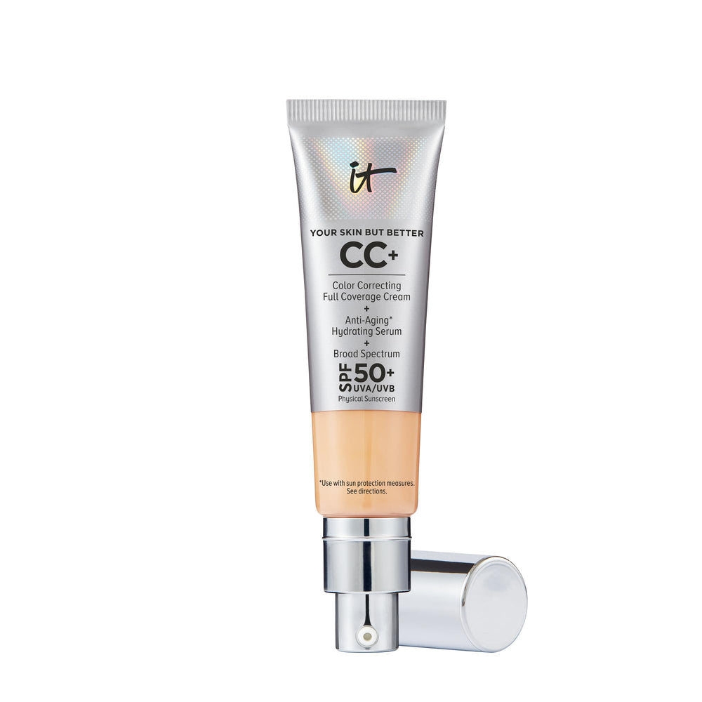 IT Cosmetics CC+ Cream medium bottle with pump shows SPF 50+ protection for daily wear