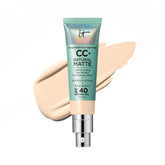 IT Cosmetics CC+ Cream Natural Matte bottle shows pore-blurring matte finish for oily skin