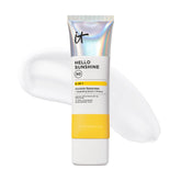 IT Cosmetics Hello Sunshine bottle shows SPF 50 clear sunscreen for daily protection.