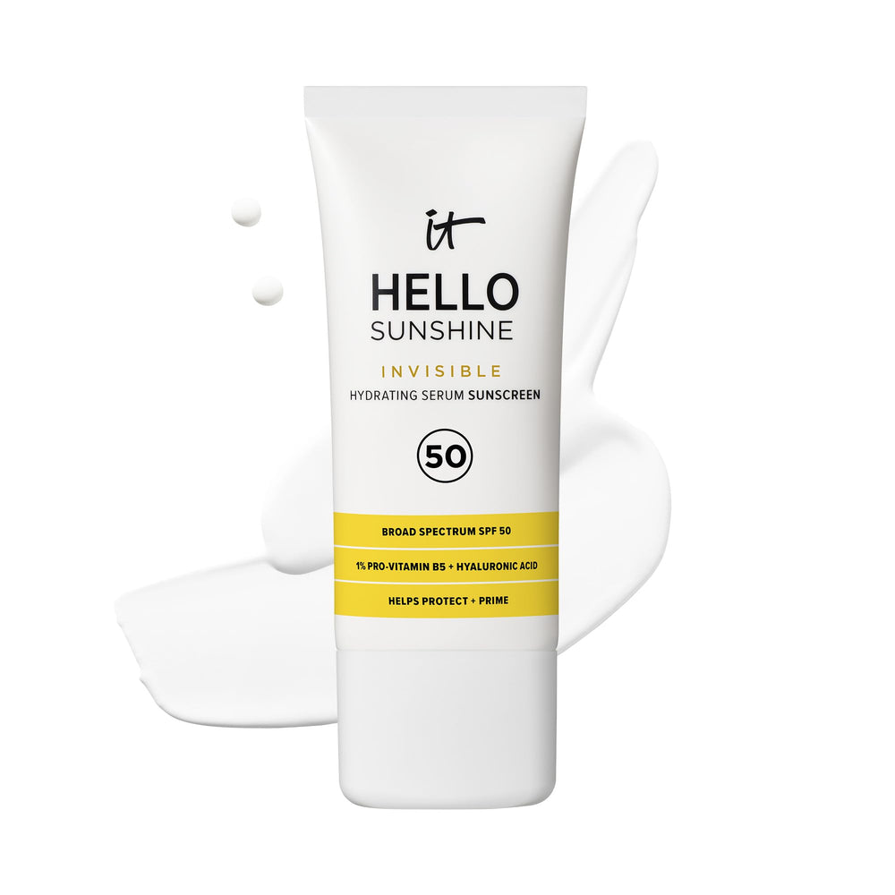 IT Cosmetics Hello Sunshine bottle showing clear SPF 50 hydration and primer in one