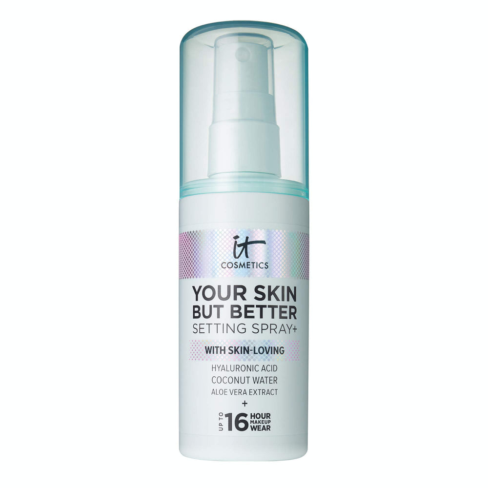 IT Cosmetics Your Skin But Better Setting Spray+ pump closeup for long-wear makeup.