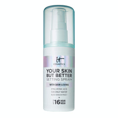 IT Cosmetics Your Skin But Better Setting Spray+ pump closeup for long-wear makeup.