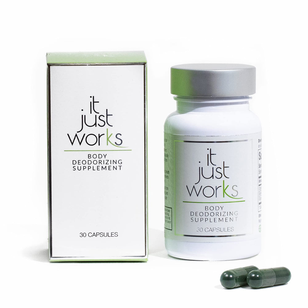 It Just Works whole body deodorizing supplement bottle for daily odor management.