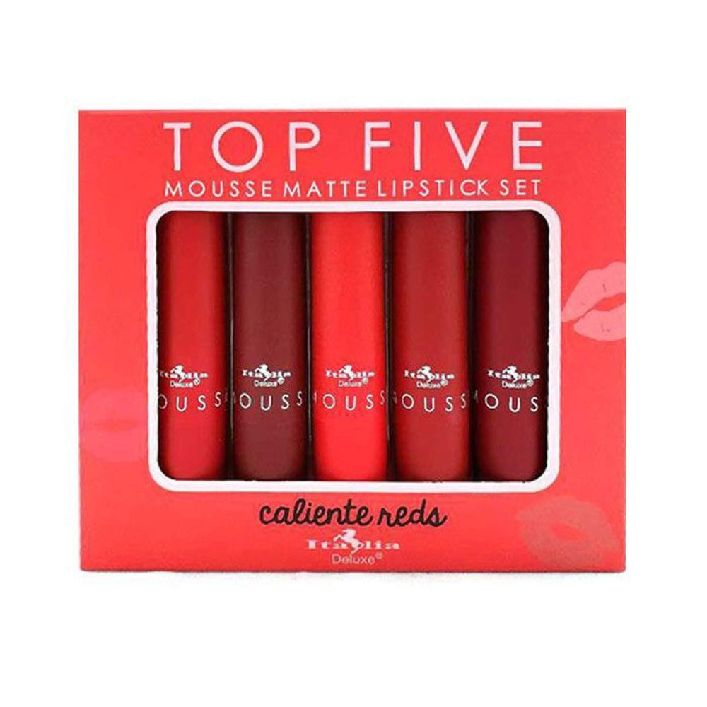 Italia Deluxe Stiletto mousse matte lipstick close-up for bold color with long-lasting wear.
