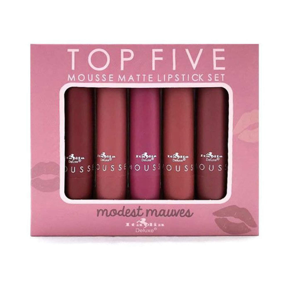 Italia Deluxe top-five mousse lipstick set packaging for gifting, premium gift-ready presentation