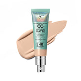 IT Cosmetics CC+ Cream Natural Matte Fair Light bottle shows pore-blurring, shine-control potential.