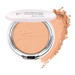 IT Cosmetics Celebration Foundation Illumination tan packaging close-up with radiant glow.