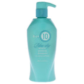 It's a 10 Haircare Blow Dry Miracle Glossing Shampoo bottle pouring with color protection and shine.