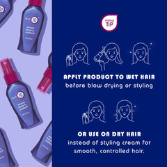 It's a 10 Miracle Leave-In dispense bottle demonstrates even distribution and heat protection prep.