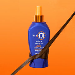 Its 10 Miracle Leave-In Keratin ingredients label highlights keratin and silk amino acids