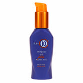 It's a 10 Miracle Oil Plus Keratin bottle showing heat protection for dry hair.