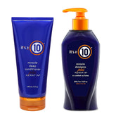 It's A 10 Shampoo keratin bottle showing silky, frizz-resistant shine and healthy-looking strands.