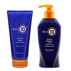 It's A 10 Shampoo keratin bottle showing silky, frizz-resistant shine and healthy-looking strands.