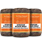 It's Pure Natural African Black Soap bars pack 3 front view for daily cleansing.