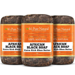 It's Pure Natural African Black Soap bars pack 3 front view for daily cleansing.