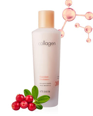 Its Skin Collagen Nutrition Emulsion bottle shows smooth, hydrated skin.