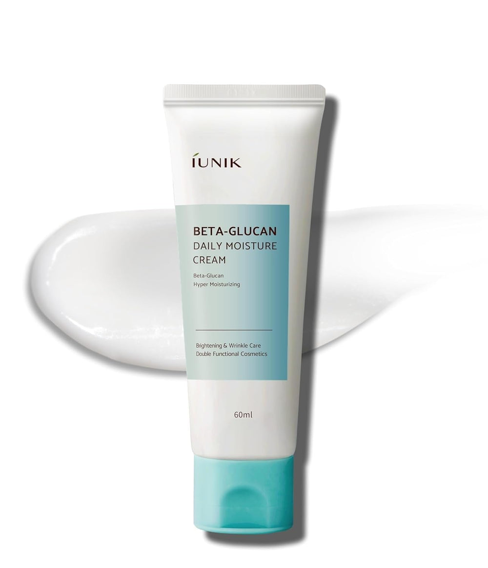 IUNIK Beta-Glucan Moisture Cream jar close-up shows lightweight hydration for dry skin.