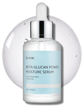 IUNIK Beta-Glucan Power Deep Moisture Serum bottle closeup shows instant hydration for dry skin