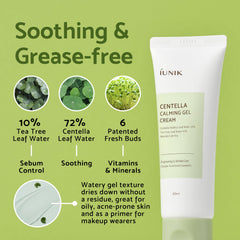 IUNIK Centella 70% Gel Cream being applied for lightweight calming relief.