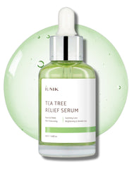 IUNIK Tea Tree Relief Serum bottle pour shows lightweight hydration for acne-prone skin.