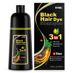Ivnil Black Hair Dye Shampoo bottle for at-home gray coverage and convenience.