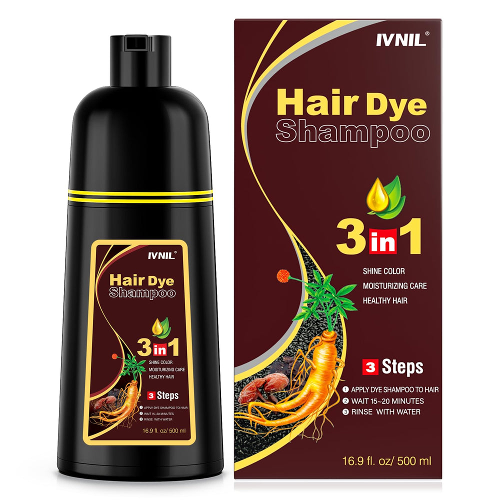 Ivnil Chestnut Brown Hair Dye Shampoo bottle shows easy at-home color in minutes.