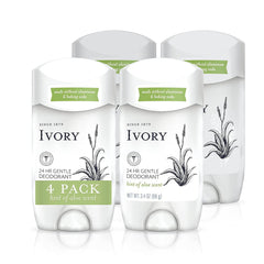Ivory deodorant with aloe packaging emphasizes aluminum-free, gentle protection.