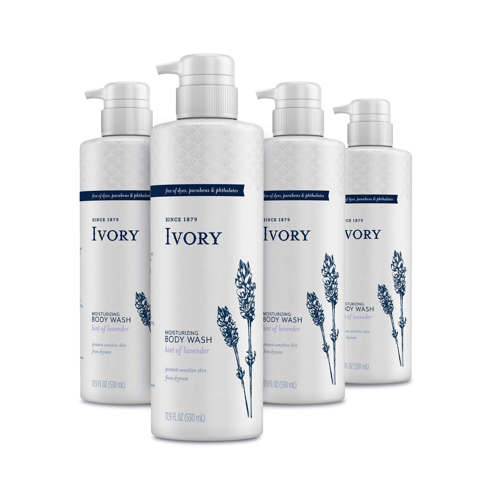 Ivory sensitive skin moisturizing body wash lavender bottle showing gentle, dye-free formula for delicate skin