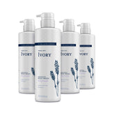 Ivory sensitive skin moisturizing body wash lavender bottle showing gentle, dye-free formula for delicate skin