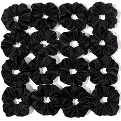 Ivyu 16-pcs satin scrunchies pack; glossy black finish provides gentle hold for comfortable wear.