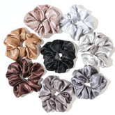 Ivyu satin silk scrunchies set front view shows eight shiny hair ties for everyday style