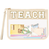 Izuzta Teach chenille clear bag front view showing large travel-ready capacity