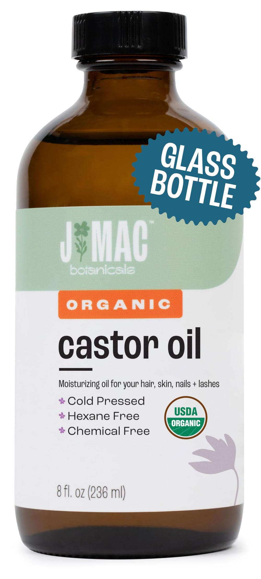 J MAC BOTANICALS castor oil glass bottle closeup for facial and lash care