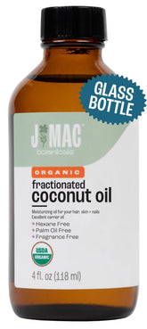 J Mac Botanicals organic fractionated coconut oil in a 4oz glass bottle for moisturization.