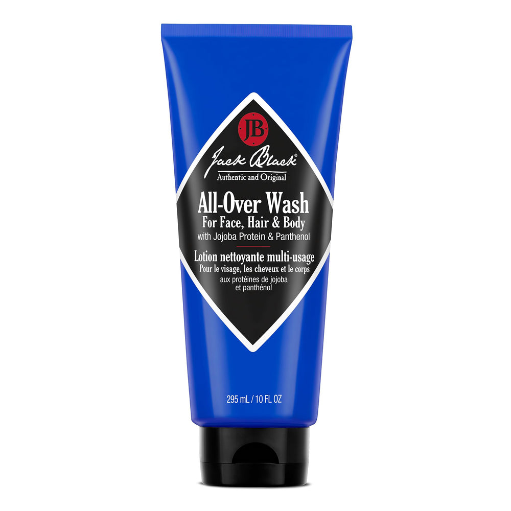 Jack Black All-Over Wash bottle closeup for versatile facial, body, and hair cleansing.