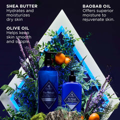 Jack Black Blue Midnight black-pepper detail hints invigorating shower energy.