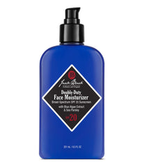 Jack Black Double-Duty Face Moisturizer bottle with pump delivers daily SPF 20 protection.