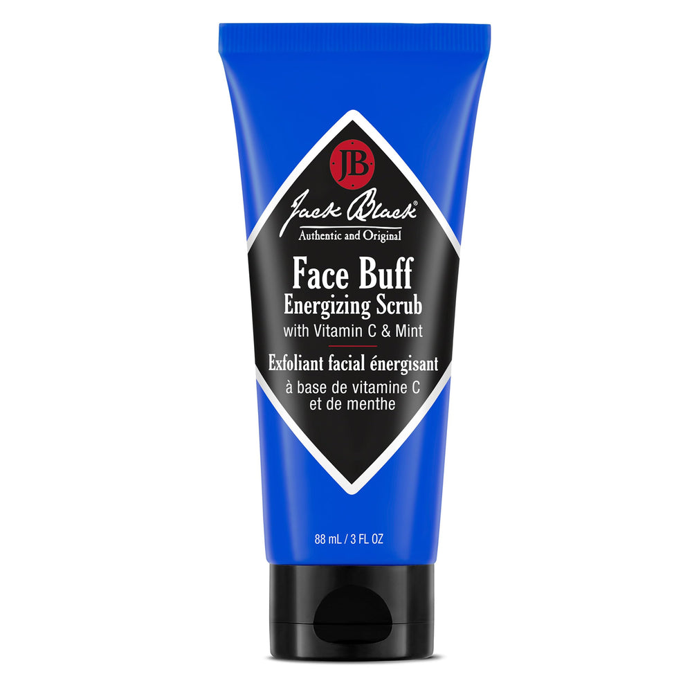 Jack Black Face Buff Energizing Scrub jar, smooth pre-shave prep for clearer pores.