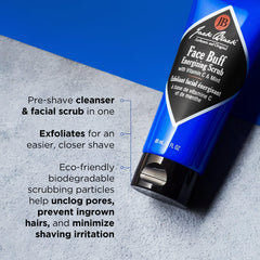 Jack Black Face Buff Energizing Scrub close-up of natural ingredients like peppermint and vitamin C.