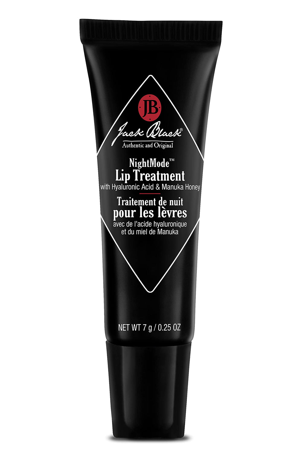 Jack Black NightMode Lip Treatment tube close-up showing hydrating formula for overnight lips