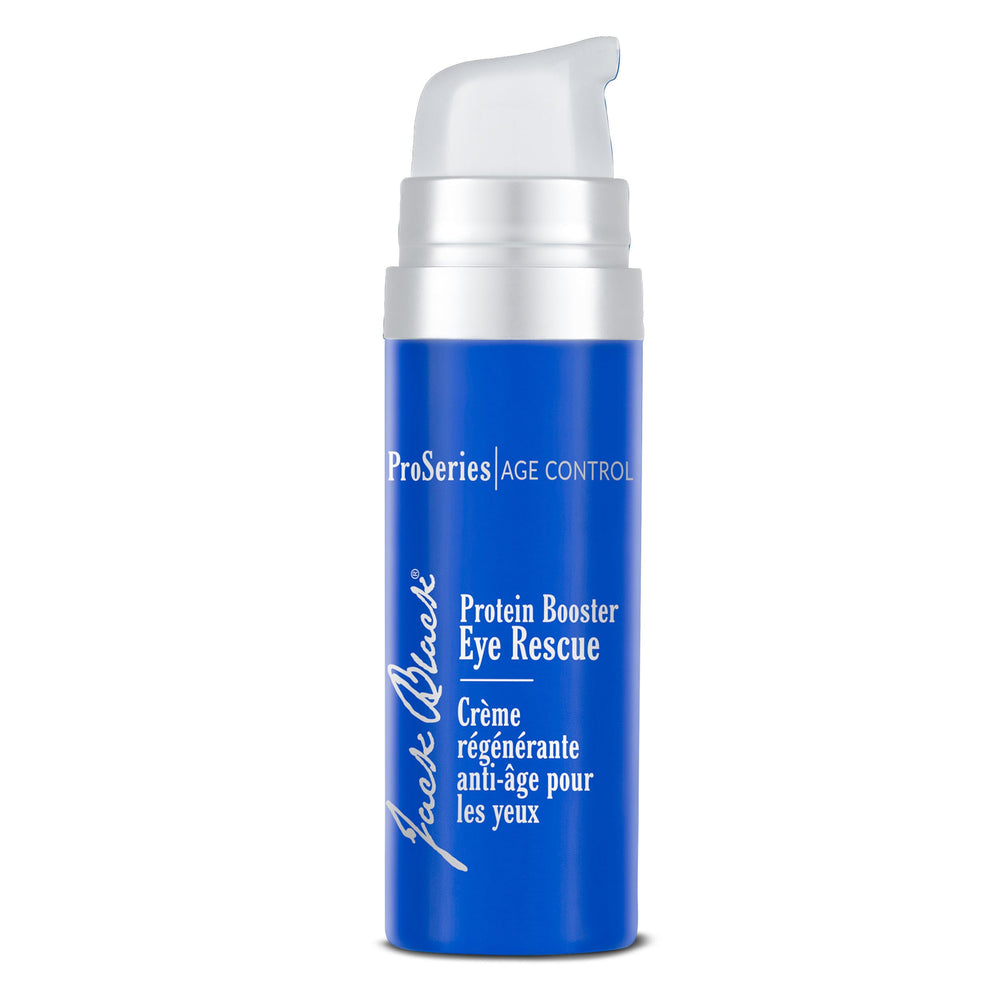 Jack Black Protein Booster Eye Rescue jar close-up, hydrating eye cream for smoother-looking skin