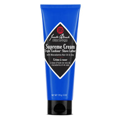 Jack Black Supreme Cream Triple Cushion bottle shows creamy shave lather for smooth results